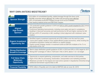 WHY OWN ANTERO MIDSTREAM?
10
 Best-in-class distribution growth guidance of 30% in 2016 and 28% to 30% target for 2017
 Strong DCF coverage of 1.60x in 1Q16 and 1.45x in 2015, above 1.1x–1.2x target
Strong Distribution
Growth & Coverage
Sponsor Strength
Organic Investment
Opportunity Set
Full Value Chain
Midstream
Opportunity
Financial Flexibility
Aligned
High Growth
Sponsor
 $3.9 billion of consolidated liquidity; stable leverage through the down cycle
 Ba2/BB corporate ratings affirmed; $4.5 billion AR borrowing base affirmed
 94% of forecasted production hedged through 2018 at $3.81/MMBtu
 Peer leading realized prices and EBITDAX margins
 Identified organic investment opportunity set of $3.2 billion over the next five years
 “Just-in-time capital” results in more capital efficient project economics, while avoiding the
competitive acquisition market and reliance on capital markets
 Organic growth strategy results in investment build-out EBITDA multiples of 4x–7x vs.
drop-downs of 8x–12x
 Opportunity to expand gathering, compression, and water services to third parties
 Right of first offer for processing, fractionation, transportation and marketing activities
 Midstream provider for the largest and most active operator in Appalachia inherently brings
additional downstream opportunities to AM
 $750 million of liquidity and 2.4x debt to EBITDA ratio at June 30, 2016
 17% production growth guidance in 2016 and 20% to 25% growth targeted for 2017 drives
AM volume growth
 Continuous operating improvements, including more water and sand in completions
resulting in improved recoveries and well economics for AR and higher volumes for AM
 AR has a 62% LP ownership in AM, resulting in direct alignment with midstream value
creation
 
