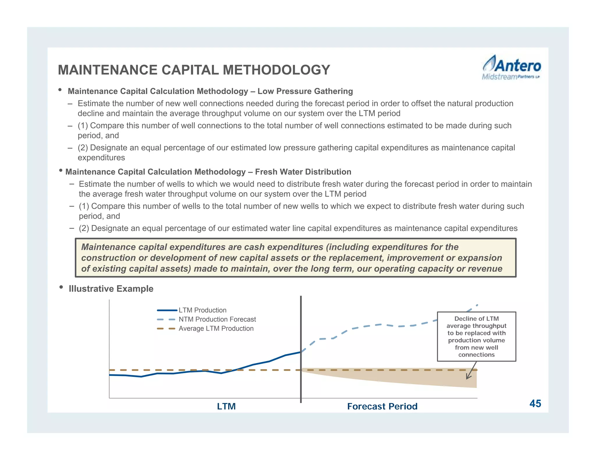 LTM Production
NTM Production Forecast
Average LTM Production
MAINTENANCE CAPITAL METHODOLOGY
• Maintenance Capital Calculation Methodology – Low Pressure Gathering
– Estimate the number of new well connections needed during the forecast period in order to offset the natural production
decline and maintain the average throughput volume on our system over the LTM period
– (1) Compare this number of well connections to the total number of well connections estimated to be made during such
period, and
– (2) Designate an equal percentage of our estimated low pressure gathering capital expenditures as maintenance capital
expenditures
Maintenance capital expenditures are cash expenditures (including expenditures for the
construction or development of new capital assets or the replacement, improvement or expansion
of existing capital assets) made to maintain, over the long term, our operating capacity or revenue
• Illustrative Example
LTM Forecast Period
Decline of LTM
average throughput
to be replaced with
production volume
from new well
connections
45
• Maintenance Capital Calculation Methodology – Fresh Water Distribution
− Estimate the number of wells to which we would need to distribute fresh water during the forecast period in order to maintain
the average fresh water throughput volume on our system over the LTM period
− (1) Compare this number of wells to the total number of new wells to which we expect to distribute fresh water during such
period, and
− (2) Designate an equal percentage of our estimated water line capital expenditures as maintenance capital expenditures
 