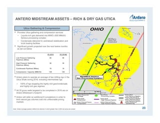 23
• Provides Utica gathering and compression services
− Liquids-rich gas delivered into MWE’s 800 MMcf/d
Seneca processing complex
− Condensate delivered to centralized stabilization and
truck loading facilities
• Significant growth projected over the next twelve months
as set out below:
• Antero plans to operate an average of two drilling rigs in the
Utica Shale during 2016, including intermediate rigs
− 100% of rigs targeting the highly-rich gas/condensate
and highly-rich gas regimes
• All 35 gross wells targeted to be completed in 2016 are on
Antero Midstream’s footprint
• Antero will defer an additional 8 completions in order to
limit natural gas volumes sold into unfavorable pricing
markets
Utica Gathering & Compression
Note: Antero acreage position reflects tax districts in which greater than 3,000 net acres are owned.
ANTERO MIDSTREAM ASSETS – RICH & DRY GAS UTICA
YE 2015 YE 2016E
Low Pressure Gathering
Pipelines (Miles)
55 56
High Pressure Gathering
Pipelines (Miles)
36 36
Condensate Pipelines (Miles) 19 19
Compression Capacity (MMcf/d) 120 120
 