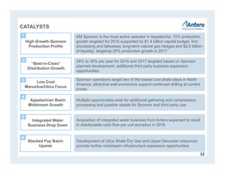 Low Cost
Marcellus/Utica Focus
“Best-in-Class”
Distribution Growth
32
CATALYSTS
28% to 30% per year for 2016 and 2017 targeted based on Sponsor
planned development; additional third party business expansion
opportunities
AM Sponsor is the most active operator in Appalachia; 15% production
growth targeted for 2016 supported by $1.4 billion capital budget, firm
processing and takeaway, long-term natural gas hedges and $2.6 billion
of liquidity; targeting 20% production growth in 2017
Sponsor operations target two of the lowest cost shale plays in North
America; attractive well economics support continued drilling at current
prices
Multiple opportunities exist for additional gathering and compression,
processing and pipeline assets for Sponsor and third party use
Appalachian Basin
Midstream Growth
High Growth Sponsor
Production Profile
1
2
3
4
5
6
Acquisition of integrated water business from Antero expected to result
in distributable cash flow per unit accretion in 2016
Stacked Pay Basin
Upside
Development of Utica Shale Dry Gas and Upper Devonian resources
provide further midstream infrastructure expansion opportunities
Integrated Water
Business Drop Down
 