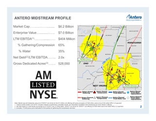 ANTERO MIDSTREAM PROFILE
2
Market Cap……………….......
Enterprise Value….........…….
LTM EBITDA(1)………......……
% Gathering/Compression
% Water
Net Debt(2)/LTM EBITDA……..
Gross Dedicated Acres(3)…….
$6.2 Billion
$7.0 Billion
$404 Million
65%
35%
2.0x
528,000
Note: Market cap and enterprise value as of 2/6/2017 pro forma for the 6.0 million unit offering with gross proceeds of $198 million used to fund $155 million MPLX JV payment.
1. Twelve months ended 12/31/2016. Includes midpoint of preliminary unaudited results, per information available to the Partnership as of the 2/6/2017 offering.
2. Net debt based on credit facility borrowings as of 2/3/2017 per S-3 filing dated 2/6/2017 pro forma for 2/6/2017 unit offering of $198 million and $155 million MPLX JV payment.
3. Excludes 173,000 gross acres dedicated to third parties for gathering and compression services.
 