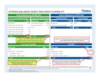 Liquid “non-E&P assets” of $5.3 Bn
significantly exceeds total debt of $3.7
billion pro forma for recent transactions
Pro Forma Liquidity
Antero Resources (NYSE:AR) Antero Midstream (NYSE:AM)
Pro Forma 9/30/2016 Debt(1) Liquid Non-E&P Assets 9/30/2016 Debt (1) Liquid Assets
Debt Type $MM
Credit facility $208
6.00% senior notes due 2020 -
5.375% senior notes due 2021 1,000
5.125% senior notes due 2022 1,100
5.625% senior notes due 2023 750
5.00% senior notes due 2025 600
Total $3,658
Asset Type $MM
Commodity derivatives(2) $1,600
AM equity ownership(3) 3,691
Cash 10
Total $5,301
Asset Type $MM
Cash $10
Credit facility – commitments(4) 4,000
Credit facility – drawn (208)
Credit facility – letters of credit (709)
Total $3,093
Debt Type $MM
Credit facility $167
5.375% senior notes due 2024 650
Total $817
Asset Type $MM
Cash $9
Total $9
Liquidity
Asset Type $MM
Cash $9
Credit facility – capacity 1,157
Credit facility – drawn (167)
Credit facility – letters of credit -
Total $999
Approximately $3.1 billion of liquidity at AR pro
forma for recent transactions plus an
additional $3.1 billion of AM units
Approximately $1.0 billion of liquidity at AM
following recent senior notes offering
40
Only 14% of AM credit facility capacity drawn following
recent $650 million senior notes offering
1. AR balance sheet data as of 9/30/2016. Antero Resources pro forma for $175 million private placement on 10/3/2016, $170 million AR acreage divestiture closed on 12/16/2016 and $600 million 5.00%
AR senior note offering closed on 12/21/2016 to refinance $525 million 6% senior notes due 2020 callable at 103% and including transaction expenses. Antero Midstream credit facility as of 2/3/2017 pro
forma for 6.0 million unit offering on 2/6/2017 with gross proceeds of $198 million used to fund $155 million MPLX JV payment.
2. Mark-to-market as of 12/31/2016.
3. Based on AR ownership of AM units and closing price as of 2/6/2017.
4. AR credit facility commitments of $4.0 billion, borrowing base of $4.75 billion.
STRONG BALANCE SHEET AND HIGH FLEXIBILITY
 