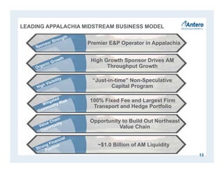 13
LEADING APPALACHIA MIDSTREAM BUSINESS MODEL
Premier E&P Operator in Appalachia
High Growth Sponsor Drives AM
Throughput Growth
“Just-in-time” Non-Speculative
Capital Program
Opportunity to Build Out Northeast
Value Chain
~$1.0 Billion of AM Liquidity
100% Fixed Fee and Largest Firm
Transport and Hedge Portfolio
 