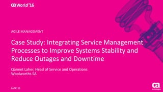 World®
’16
Case	Study:	Integrating	Service	Management	
Processes	to	Improve	Systems	Stability	and	
Reduce	Outages	and	Downtime
Qaneet Laher,	Head	of	Service	and	Operations
Woolworths	SA
AMX11S
AGILE	MANAGEMENT
 