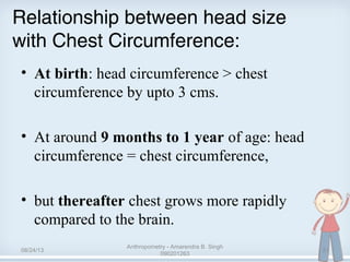 Relationship between head size
with Chest Circumference:
• At birth: head circumference > chest
circumference by upto 3 cms.
• At around 9 months to 1 year of age: head
circumference = chest circumference,
• but thereafter chest grows more rapidly
compared to the brain.
08/24/13
Anthropometry - Amarendra B. Singh
090201263
21
 