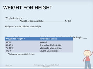 WEIGHT-FOR-HEIGHT
Weight-for-height =
Weight of the patient (kg) X 100
Weight of normal child of same height
The nutritional status can be expressed as follows on the basis of weight-for-height:
Weight-for-Height * Nutritional Status
>90%
85-90 %
75-80 %
<75 %
Normal
Borderline Malnutrition
Moderate Malnutrition
Severe Malnutrition
*Reference standard NCHS data
08/24/13
Anthropometry - Amarendra B. Singh
090201263
29
 