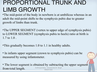 PROPORTIONAL TRUNK AND
LIMB GROWTH
•The mid-point of the body in newborn is at umbilicus whereas in an
adult the mid-point shifts to the symphysis pubis due to greater
growth of limbs than trunk.
•The UPPER SEGMENT (vertex to upper edge of symphysis pubis)
to LOWER SEGMENT (symphysis pubis to heels) ratio at birth is
1.7 to 1.0 .
•This gradually becomes 1.0 to 1.1 in healthy adults.
• In infants upper segment (crown to symphysis pubis) can be
measured by using infantometer.
• The lower segment is obtained by subtracting the upper segment
from total length.08/24/13
Anthropometry - Amarendra B. Singh
090201263
33
 