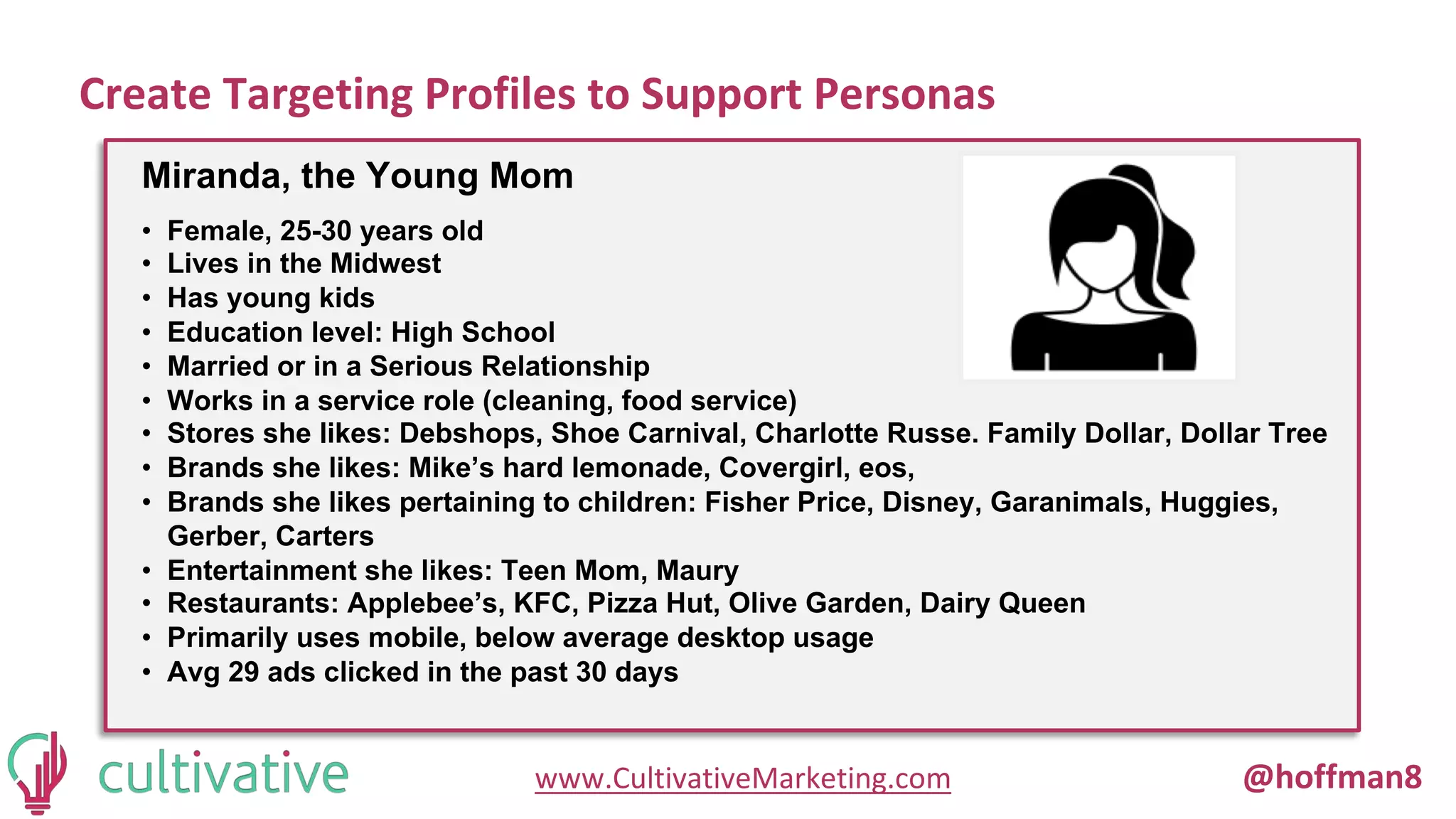 www.CultivativeMarketing.com @hoffman8
Create Targeting Profiles to Support Personas
Miranda, the Young Mom
• Female, 25-30 years old
• Lives in the Midwest
• Has young kids
• Education level: High School
• Married or in a Serious Relationship
• Works in a service role (cleaning, food service)
• Stores she likes: Debshops, Shoe Carnival, Charlotte Russe. Family Dollar, Dollar Tree
• Brands she likes: Mike’s hard lemonade, Covergirl, eos,
• Brands she likes pertaining to children: Fisher Price, Disney, Garanimals, Huggies,
Gerber, Carters
• Entertainment she likes: Teen Mom, Maury
• Restaurants: Applebee’s, KFC, Pizza Hut, Olive Garden, Dairy Queen
• Primarily uses mobile, below average desktop usage
• Avg 29 ads clicked in the past 30 days
 