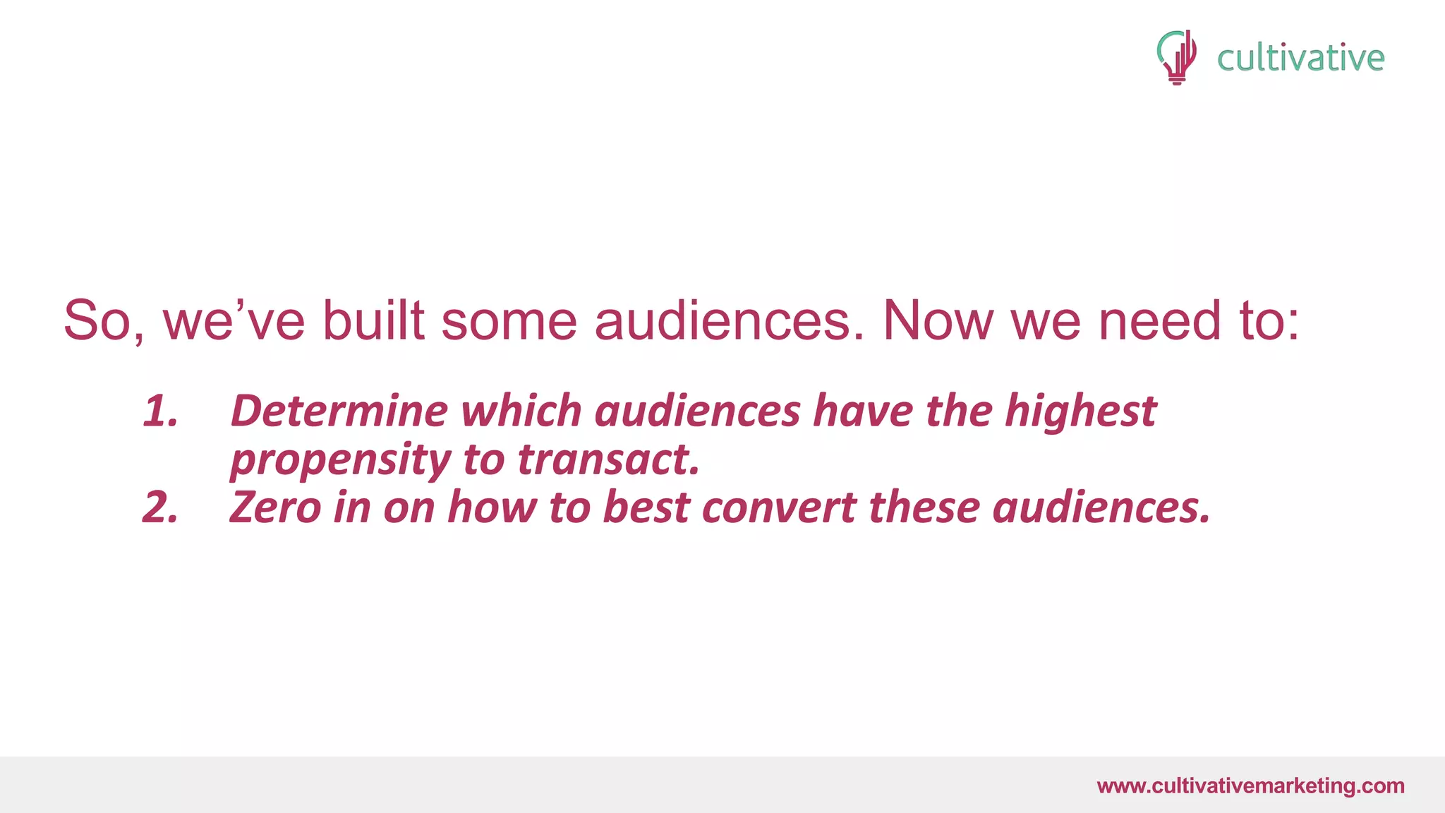 www.CultivativeMarketing.com @hoffman8www.cultivativemarketing.com
So, we’ve built some audiences. Now we need to:
1. Determine which audiences have the highest
propensity to transact.
2. Zero in on how to best convert these audiences.
 