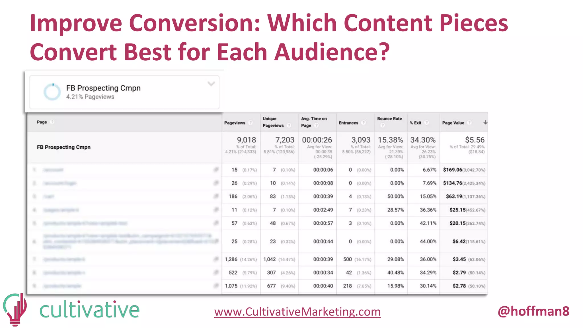 www.CultivativeMarketing.com @hoffman8
Improve Conversion: Which Content Pieces
Convert Best for Each Audience?
Once Enabled, Audiences are
Accessible for:
1. Custom Views
2. Segment Dimensions
3. Custom Reports
4. Custom Funnels (Analytics 360)
 