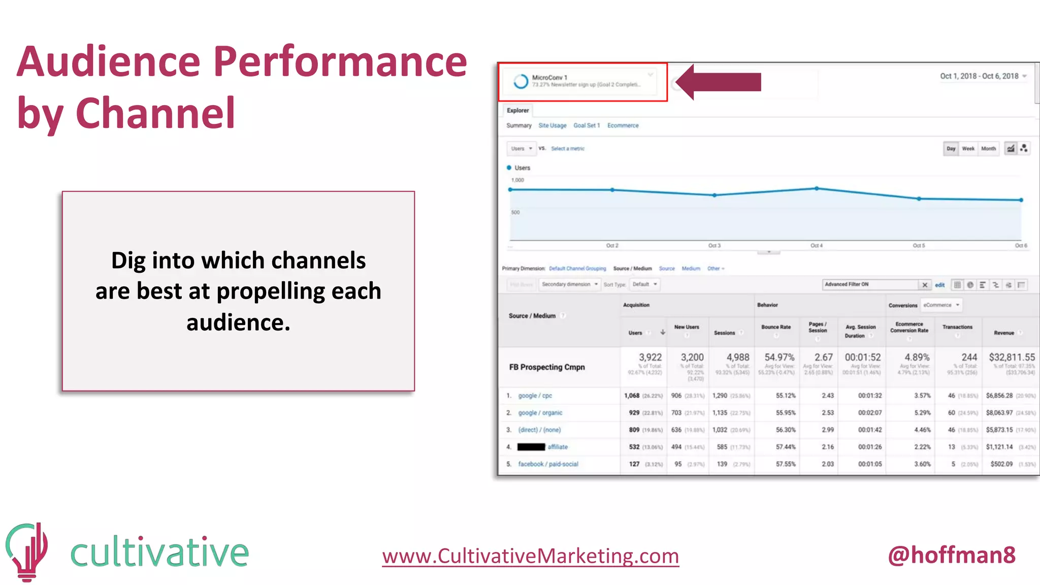 www.CultivativeMarketing.com @hoffman8
Audience Performance
by Channel
Dig into which channels
are best at propelling each
audience.
 