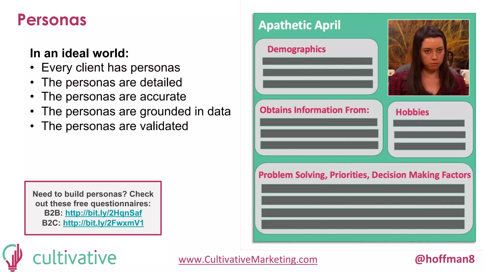 www.CultivativeMarketing.com @hoffman8
Personas
In an ideal world:
• Every client has personas
• The personas are detailed
• The personas are accurate
• The personas are grounded in data
• The personas are validated
Need to build personas? Check
out these free questionnaires:
B2B: http://bit.ly/2HqnSaf
B2C: http://bit.ly/2FwxmV1
 