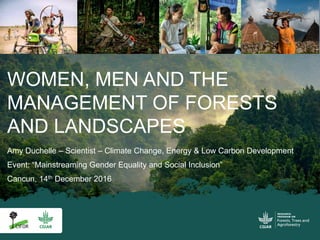 WOMEN, MEN AND THE
MANAGEMENT OF FORESTS
AND LANDSCAPES
Amy Duchelle – Scientist – Climate Change, Energy & Low Carbon Development
Event: “Mainstreaming Gender Equality and Social Inclusion”
Cancun, 14th December 2016
 