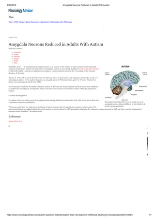 4/30/2018 Amygdala Neurons Reduced in Adults With Autism
https://www.neurologyadvisor.com/autism-spectrum-disorder/autism-brain-development-childhood-adulthood-neurotypical/article/754021/ 1/1
Researchers found that there was an initial excess of
amygdala neurons during childhood in individuals with
autism spectrum disorder.
April 05, 2018
Amygdala Neurons Reduced in Adults With Autism
Share this content:
facebook
twitter
linkedin
google
Email
Print
HealthDay News — In neurotypical development, there is an increase in the number of mature neurons in the basal and
accessory basal nuclei, whereas an initial excess of amygdala neurons is seen during childhood in autism spectrum disorder
(ASD), followed by a reduction in adulthood, according to a study published online in the Proceedings of the National
Academy of Sciences.
Thomas A. Avino, Ph.D., from the University of California, Davis, in Sacramento, and colleagues reported the results of a
stereological analysis of the number of neurons in amygdala nuclei of 52 human brains aged 2 to 48 years. Twenty-four
brains were neurotypical, and 28 were ASD.
The researchers found that the number of mature neurons in the basal and accessory basal nuclei increased from childhood
to adulthood in neurotypical development, which coincided with a decrease of immature neurons within the paralaminar
nucleus.
Continue Reading Below
In contrast, there was initial excess of amygdala neurons during childhood in individuals with ASD; across nuclei there was
a reduction in neurons in adulthood.
"We propose that there is a long-term contribution of mature neurons from the paralaminar nucleus to other nuclei of the
neurotypical human amygdala and that this growth trajectory may be altered in ASD, potentially underlying the volumetric changes detected in ASD and other neurodevelopmental or
neuropsychiatric disorders," the authors write.
Reference
Abstract/Full Text
0
Plus:
News CME Drugs Charts Resources Calculators Multimedia Jobs Meetings
N
C
 