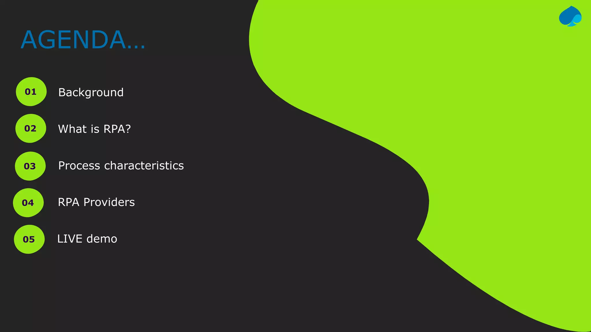 AGENDA…
01 Background
02 What is RPA?
03 Process characteristics
04 RPA Providers
05 LIVE demo
 