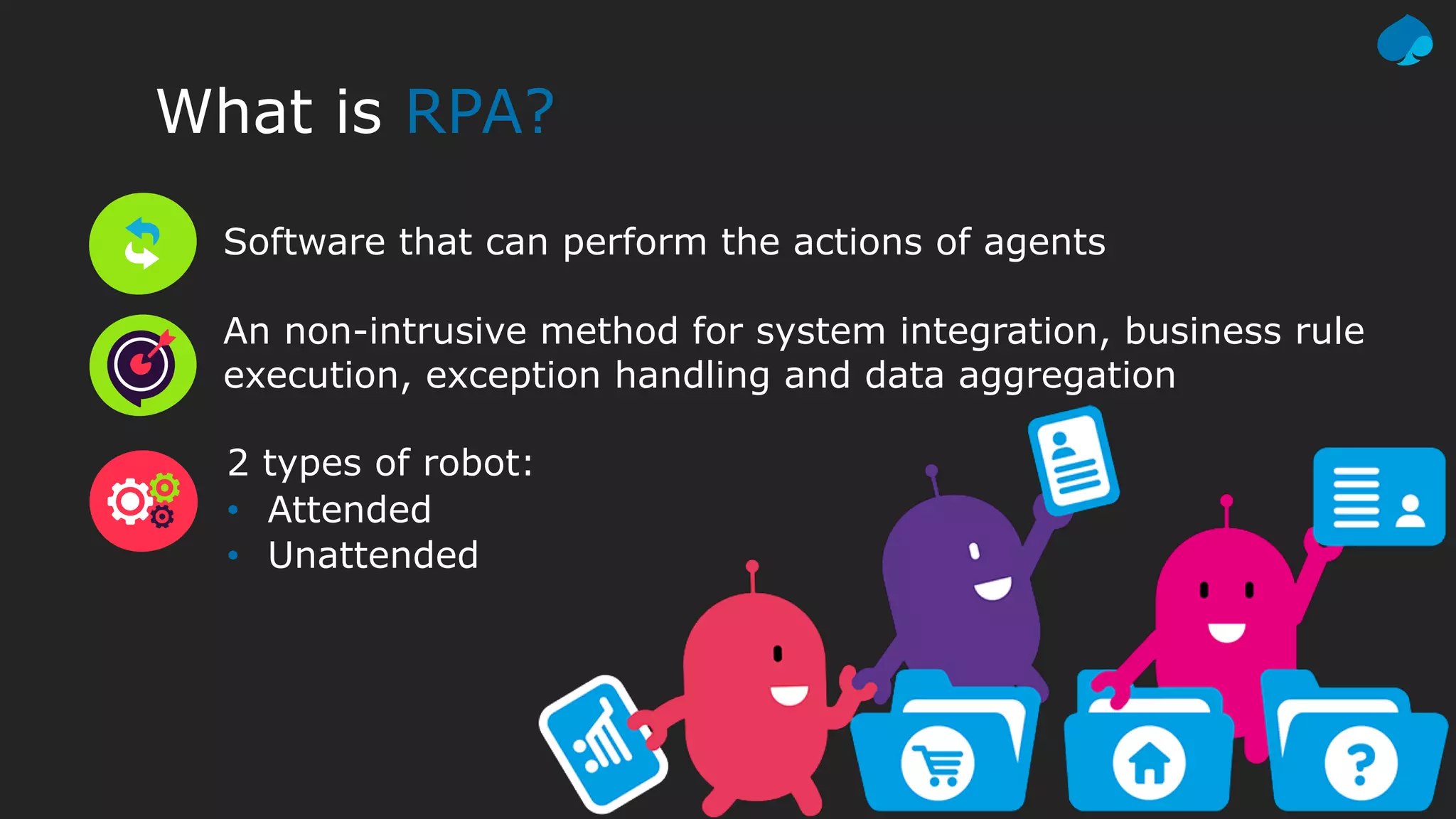 What is RPA?
Software that can perform the actions of agents
An non-intrusive method for system integration, business rule
execution, exception handling and data aggregation
2 types of robot:
• Attended
• Unattended
 