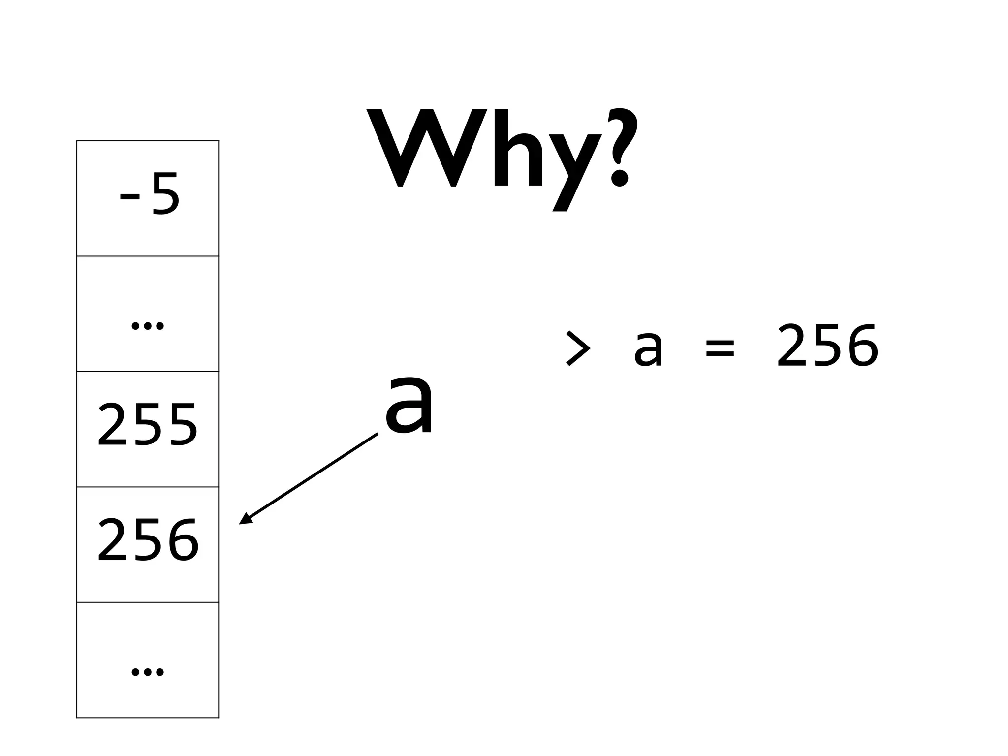 a
Why?-­‐5
…
255
256
…
>	
  a	
  =	
  256	
  
!
!
 