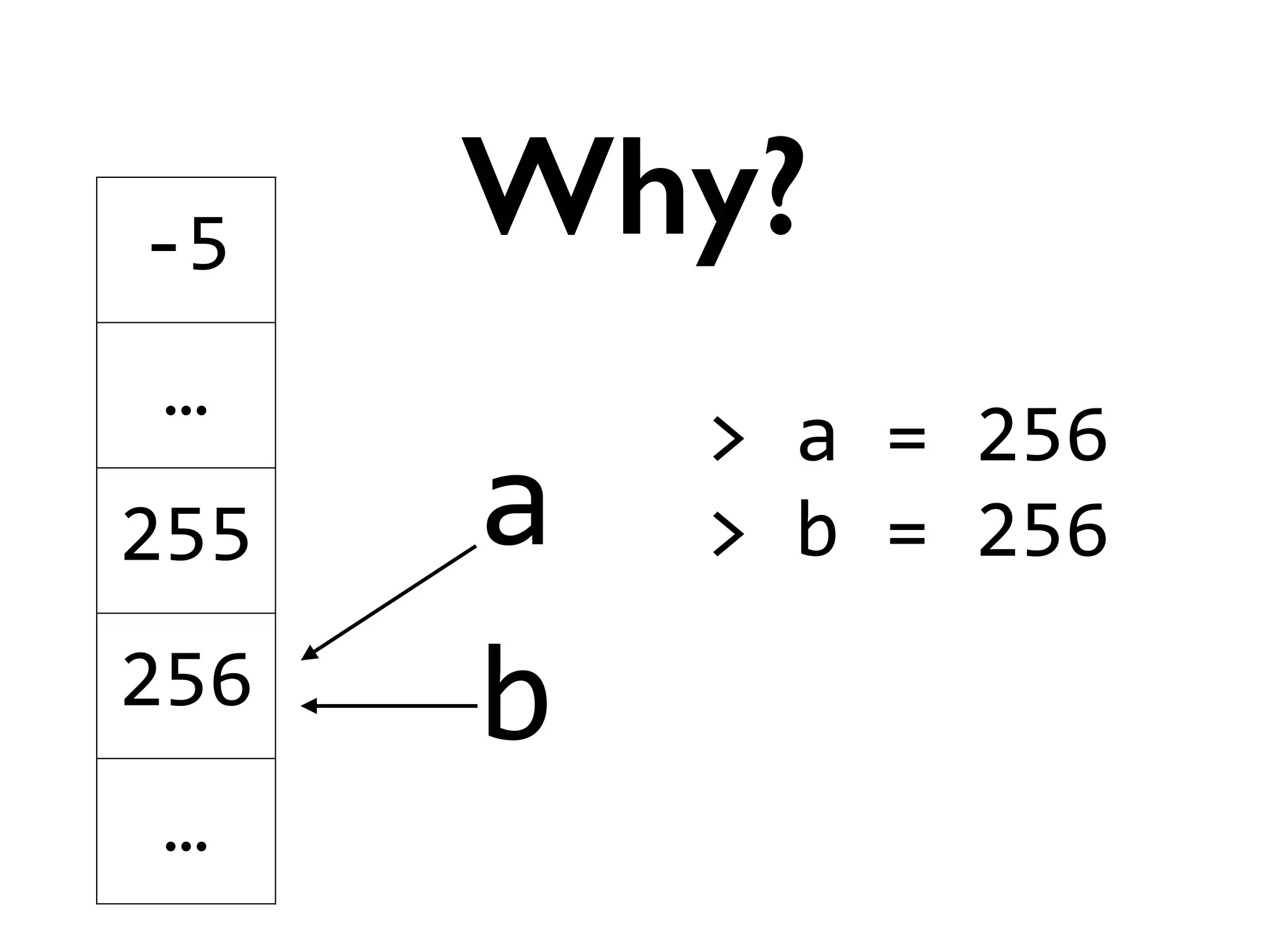 a
Why?-­‐5
…
255
256
…
b
>	
  a	
  =	
  256	
  
>	
  b	
  =	
  256	
  
!
 
