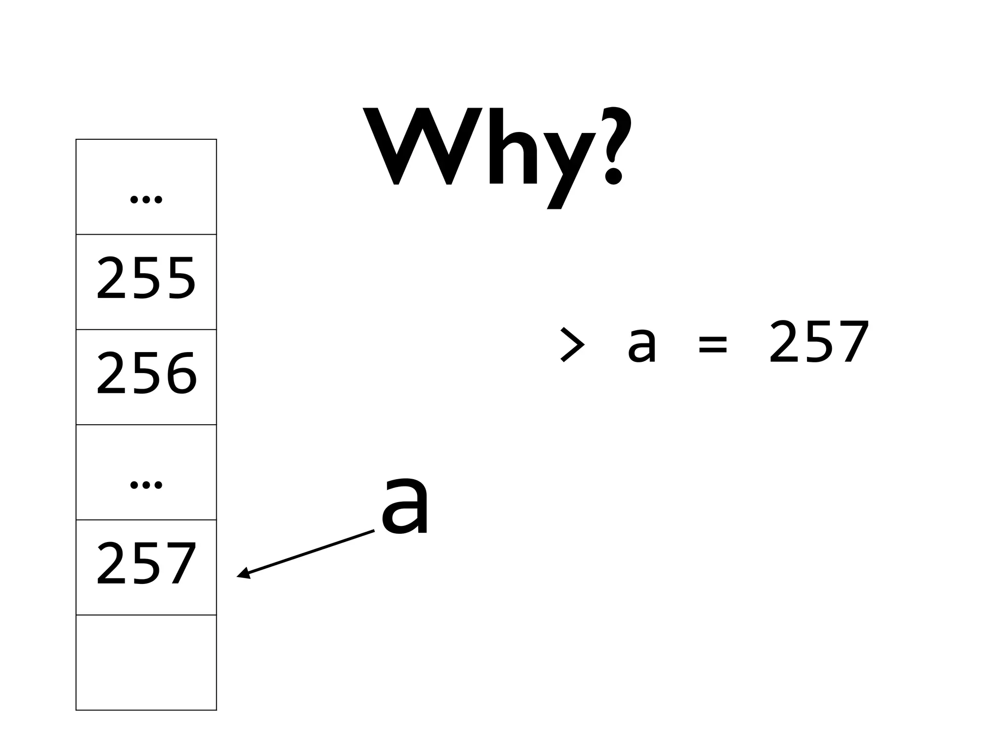 a
Why?…
255
256
…
257
>	
  a	
  =	
  257	
  
!
!
 