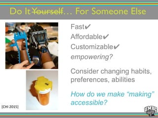 Do ItYourself… For Someone Else!
Fast
Affordable
Customizable
empowering?
Consider changing habits,
preferences, abilities
How do we make “making”
accessible?[CHI!2015]!
!
 