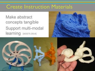 Make abstract
concepts tangible
Support multi-modal
learning
Create Instruction Materials!
[ASSETS!2014]!
 