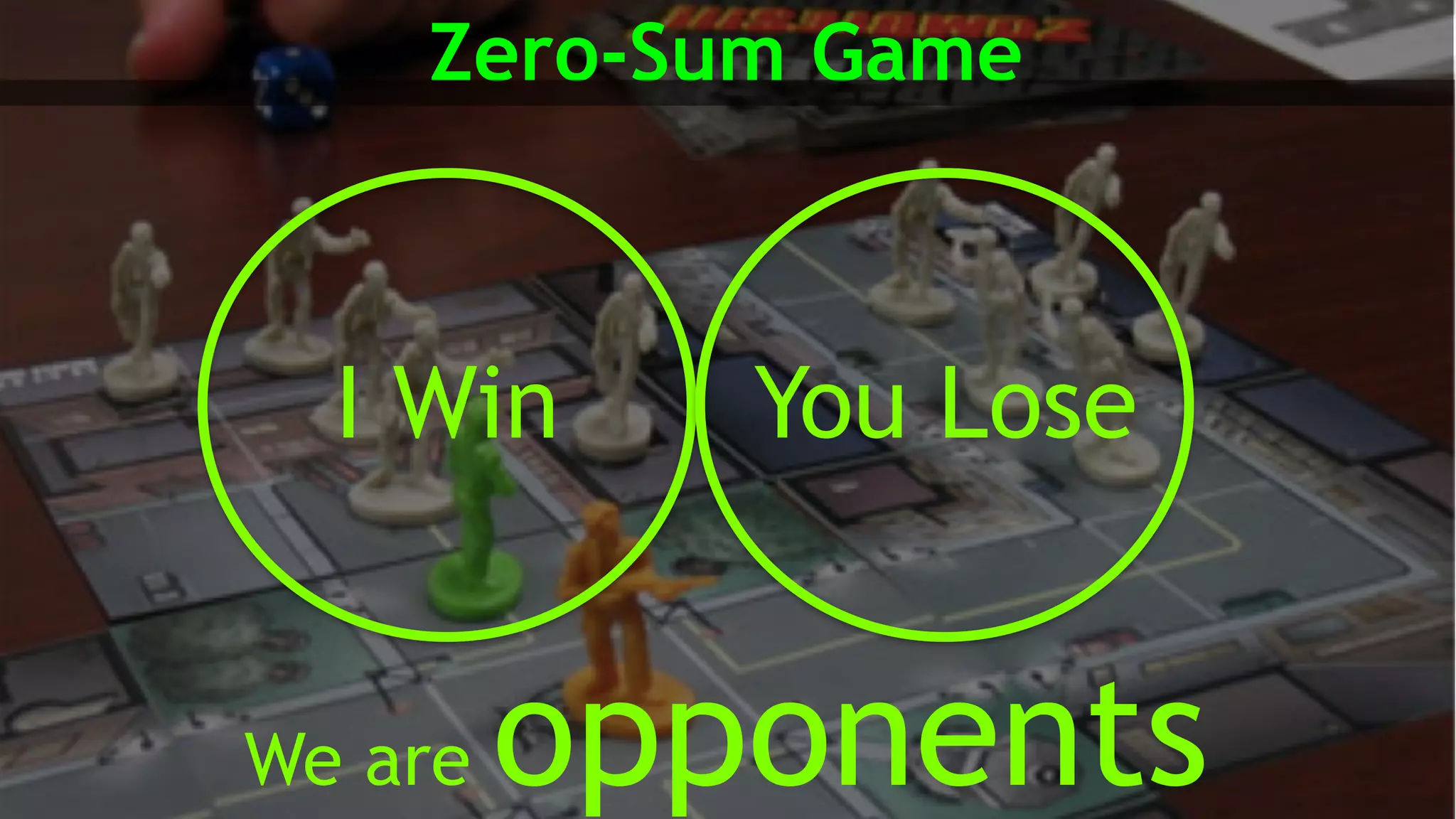 Zero-Sum Game
We are opponents
I Win You Lose
 