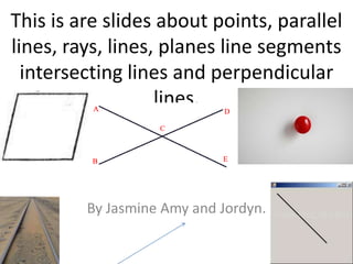 This is are slides about points, parallel lines, rays, lines, planes line segments intersecting lines and perpendicular lines. By Jasmine Amy and Jordyn. 