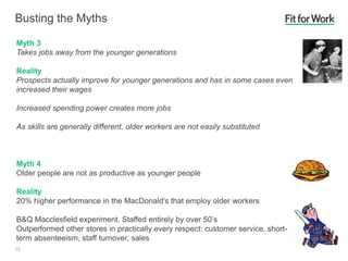 Busting the Myths
Myth 3
Takes jobs away from the younger generations
Reality
Prospects actually improve for younger generations and has in some cases even
increased their wages
Increased spending power creates more jobs
As skills are generally different, older workers are not easily substituted
Myth 4
Older people are not as productive as younger people
Reality
20% higher performance in the MacDonald's that employ older workers
B&Q Macclesfield experiment. Staffed entirely by over 50’s
Outperformed other stores in practically every respect: customer service, short-
term absenteeism, staff turnover, sales
13
 