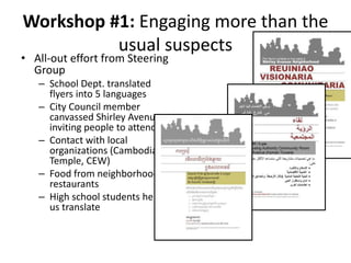 Workshop #1: Engaging more than the
usual suspects
• All-out effort from Steering
Group
– School Dept. translated
flyers into 5 languages
– City Council member
canvassed Shirley Avenue,
inviting people to attend
– Contact with local
organizations (Cambodian
Temple, CEW)
– Food from neighborhood
restaurants
– High school students help
us translate
 