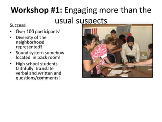 Workshop #1: Engaging more than the
usual suspectsSuccess!
• Over 100 participants!
• Diversity of the
neighborhood
represented!
• Sound system somehow
located in back room!
• High school students
faithfully translate
verbal and written and
questions/comments!
 