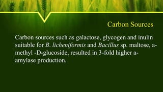 Carbon Sources
Carbon sources such as galactose, glycogen and inulin
suitable for B. licheniformis and Bacillus sp. maltose, a-
methyl -D-glucoside, resulted in 3-fold higher a-
amylase production.
 