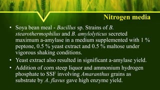 Nitrogen media
• Soya bean meal - Bacillus sp. Strains of B.
stearothermophilus and B. amylolyticus secreted
maximum a-amylase in a medium supplemented with 1 %
peptone, 0.5 % yeast extract and 0.5 % maltose under
vigorous shaking conditions.
• Yeast extract also resulted in significant a-amylase yield.
• Addition of corn steep liquor and ammonium hydrogen
phosphate to SSF involving Amaranthus grains as
substrate by A. flavus gave high enzyme yield.
 