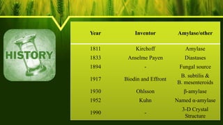 Year Inventor Amylase/other
1811 Kirchoff Amylase
1833 Anselme Payen Diastases
1894 - Fungal source
1917 Biodin and Effront
B. subtilis &
B. mesenteroids
1930 Ohlsson β-amylase
1952 Kuhn Named α-amylase
1990 -
3-D Crystal
Structure
 