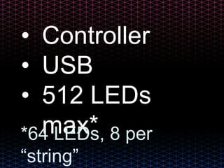 • Controller
• USB
• 512 LEDs
max**64 LEDs, 8 per
“string”
 