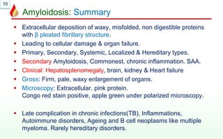 10
Amyloidosis: Summary
 Extracellular deposition of waxy, misfolded, non digestible proteins
with β pleated fibrillary structure.
 Leading to cellular damage & organ failure.
 Primary, Secondary, Systemic, Localized & Hereditary types.
 Secondary Amyloidosis, Commonest, chronic inflammation. SAA.
 Clinical: Hepatosplenomegaly, brain, kidney & Heart failure
 Gross: Firm, pale, waxy enlargement of organs.
 Microscopy: Extracellular, pink protein.
Congo red stain positive, apple green under polarized microscopy.
 Late complication in chronic infections(TB), Inflammations,
Autoimmune disorders, Ageing and B cell neoplasms like multiple
myeloma. Rarely hereditary disorders.
 