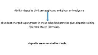 fibrillar deposits bind proteoglycans and glycosaminoglycans
abundant charged sugar groups in these adsorbed proteins gives deposit staining
resemble starch (amylose).
deposits are unrelated to starch.
 