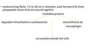 • nonbranching fibrils, 7.5 to 10 nm in diameter, each formed of β-sheet
polypeptide chains that are wound together
misfolded proteins
degraded intracellularly in proteasomes extracellularly by
macrophages
accumulate outside the cells
 