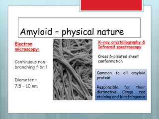 Amyloid – physical nature
Electron
microscopy:
Continuous non-
branching fibril
Diameter –
7.5 – 10 nm
X-ray crystallography &
Infrared spectroscopy
Cross β-pleated sheet
conformation
Common to all amyloid
protein
Responsible for their
distinctive Congo red
staining and birefringence
 