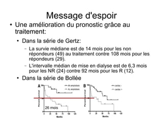 Message d'espoir Une amélioration du pronostic grâce au traitement: Dans la série de Gertz:  La survie médiane est de 14 mois pour les non répondeurs (49) au traitement contre 108 mois pour les répondeurs (29). L'intervalle médian de mise en dialyse est de 6,3 mois pour les NR (24) contre 92 mois pour les R (12). Dans la série de Bollée 26 mois 