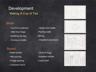 Development
Making A Cup of Tea
Shots
- Cup from cupboard
- Milk from fridge
- Grabbing tea bag
- Turning on kettle

- Steam from kettle
- Pouring water
- Stirring
- Impatient expression

Sound
- Kettle whistle

- Clink of mugs

- Milk pouring

- Impatient exhale

- Fridge opening

- Liquid swirl

- Cupboard doors

 