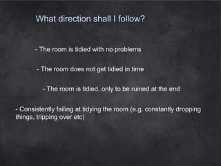 What direction shall I follow?
- The room is tidied with no problems
- The room does not get tidied in time
- The room is tidied, only to be ruined at the end
- Consistently failing at tidying the room (e.g. constantly dropping
things, tripping over etc)

 