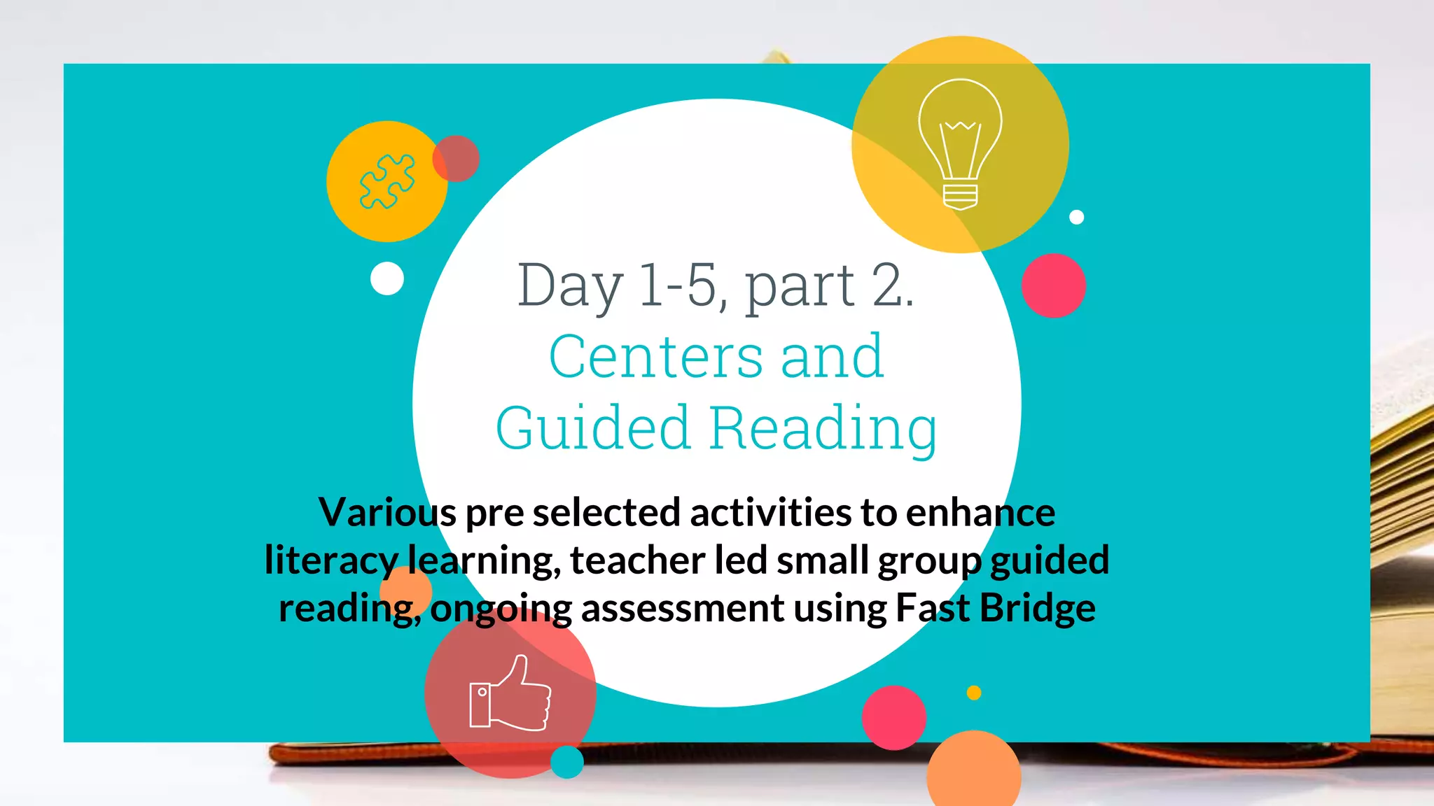 Day 1-5, part 2.
Centers and
Guided Reading
Various pre selected activities to enhance
literacy learning, teacher led small group guided
reading, ongoing assessment using Fast Bridge
 