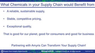 9/24/2016 September 2016Supply Chain Insights Global Summit #Imagine2030
What Chemicals in your Supply Chain would Benefit from
• A reliable, sustainable supply,
• Stable, competitive pricing,
• Exceptional quality,
That is good for our planet, good for consumers and good for business
Partnering with Amyris Can Transform Your Supply Chain!
Copyright © Amyris, Inc. All rights reserved
 