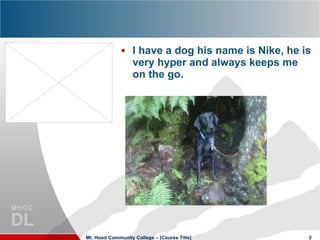 I have a dog his name is Nike, he is very hyper and always keeps me  on the go. Mt. Hood Community College – [Course Title] 