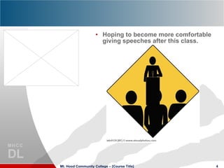 Hoping to become more comfortable giving speeches after this class. Mt. Hood Community College – [Course Title] 