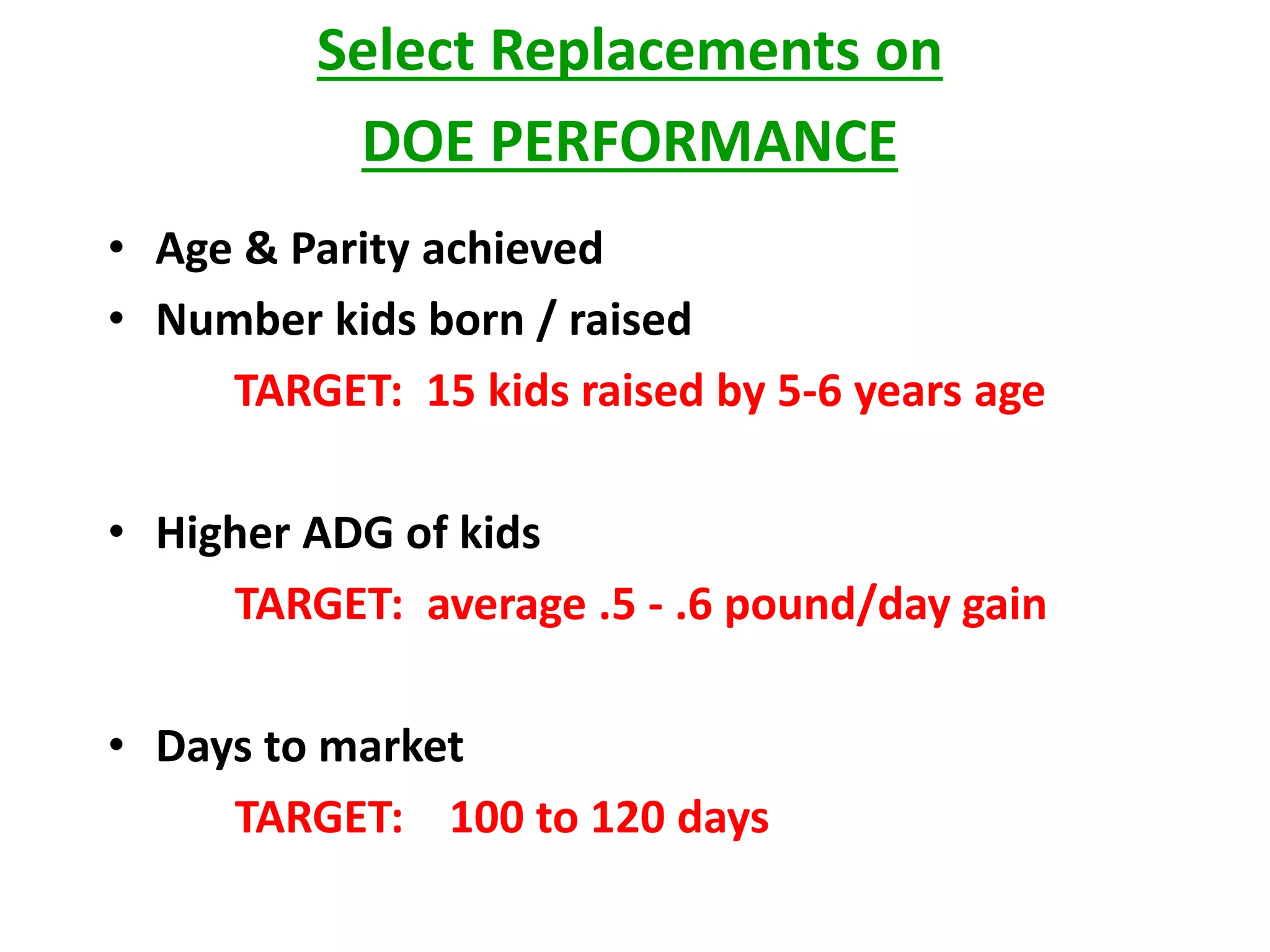 Select Replacements on
DOE PERFORMANCE
• Age & Parity achieved
• Number kids born / raised
TARGET: 15 kids raised by 5-6 years age
• Higher ADG of kids
TARGET: average .5 - .6 pound/day gain
• Days to market
TARGET: 100 to 120 days
 
