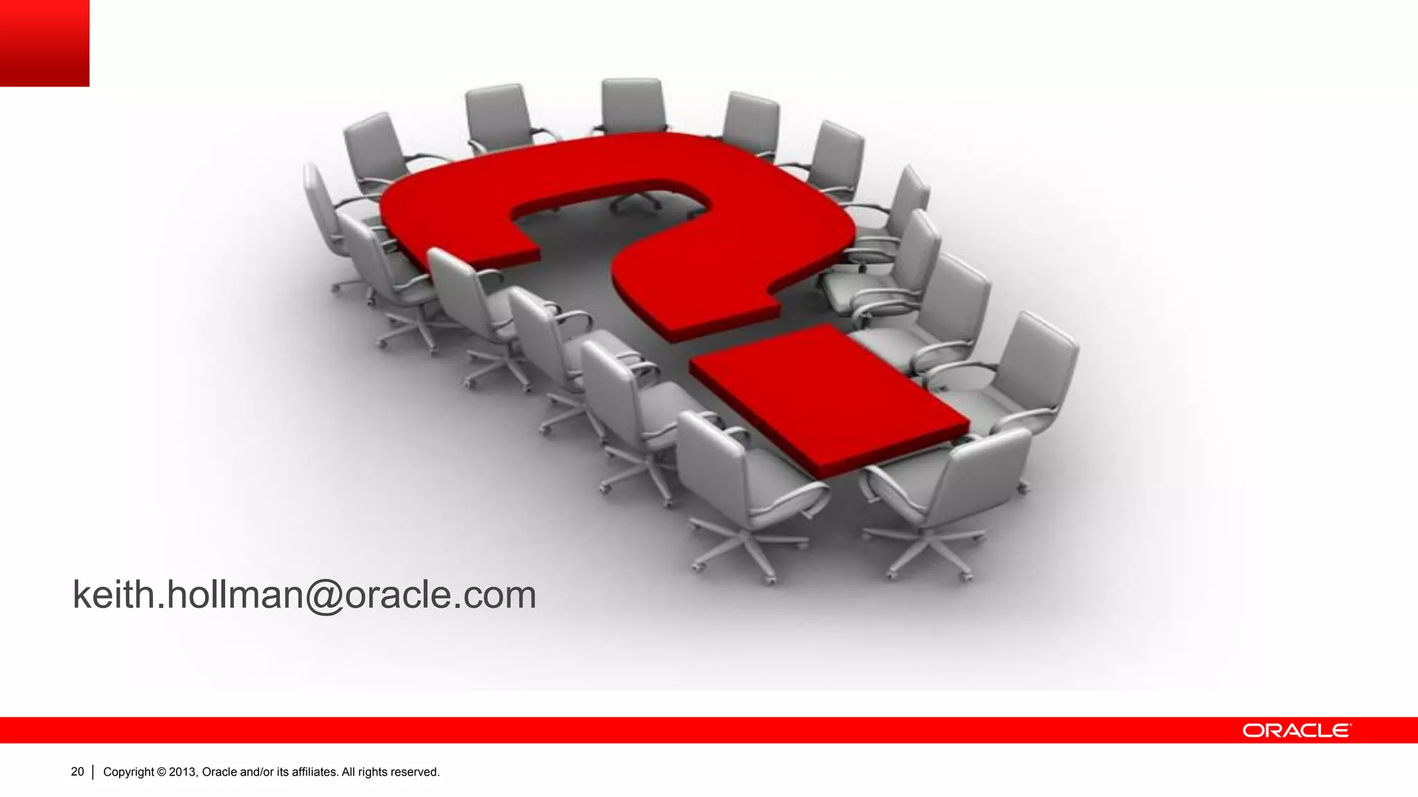 Copyright © 2013, Oracle and/or its affiliates. All rights reserved.20
keith.hollman@oracle.com
 