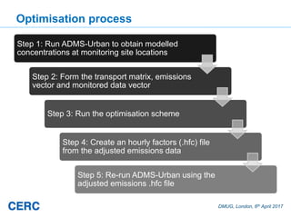 DMUG, London, 6th April 2017
Optimisation process
Step 1: Run ADMS-Urban to obtain modelled
concentrations at monitoring site locations
Step 2: Form the transport matrix, emissions
vector and monitored data vector
Step 3: Run the optimisation scheme
Step 4: Create an hourly factors (.hfc) file
from the adjusted emissions data
Step 5: Re-run ADMS-Urban using the
adjusted emissions .hfc file