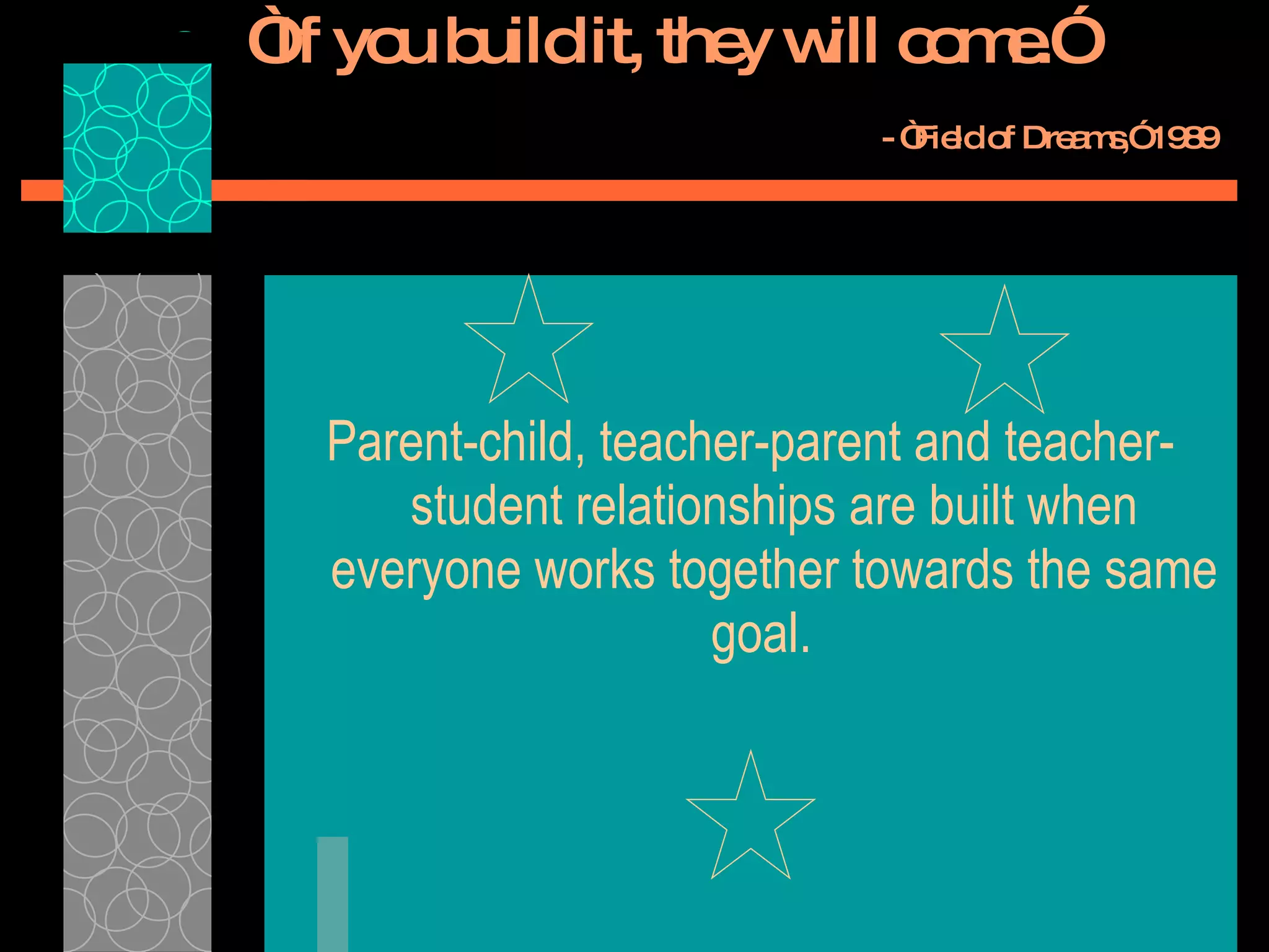 Parent-child, teacher-parent and teacher-student relationships are built when everyone works together towards the same goal.  “ If you build it, they will come.”   - “Field of Dreams,” 1989 
