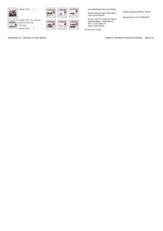 June 30, 2012        2                     your experience? http://t.co/I1Zf46gv
                                                                                                    Refreshing Ideas on PROJECT DECOR
                                                         Anyone planning to get married soon?
                                                         http://t.co/yWHgNbVU
                                                                                                    Jake Salvatore on WHY MARRIAGE?
                                                         Simply a MUST for small and medium
              Bu d g et Talk: The c o w ar d s
                                                         sized businesses... Tickets are only
              g u id e t o financ ial                    $97!!! CLICK HERE >>>
              m ar r iag e                               http://t.co/enx2ONAS
              June 30, 2012        0
                                                     Follow me on Twitter



Copyright © 2011 - Boulevard. All rights reserved.                             Created by ThemeSector, Powered by WordPress.   Back to Top
 